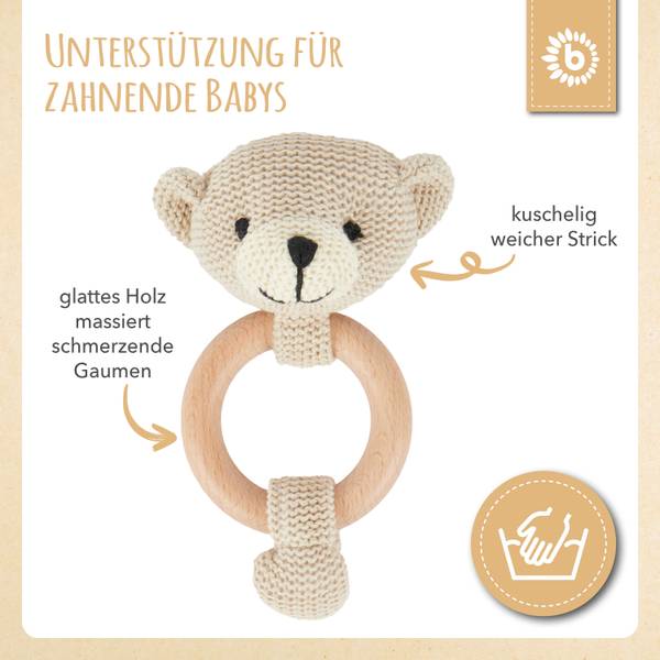 Greifling Holz Natur Gehäkelt Rassel Bär Beige - Textil - 8 x 4 x 14 cm