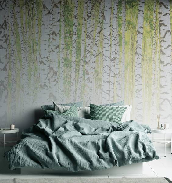 Fotobehang berkenbos in de lente zwart - donkergrijs - lichtgrijs - wit - geelgroen
