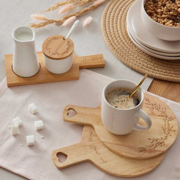 Milch- und Zucker-Set EMILIA Beige - Weiß - Keramik - Naturfaser - 1 x 1 x 1 cm