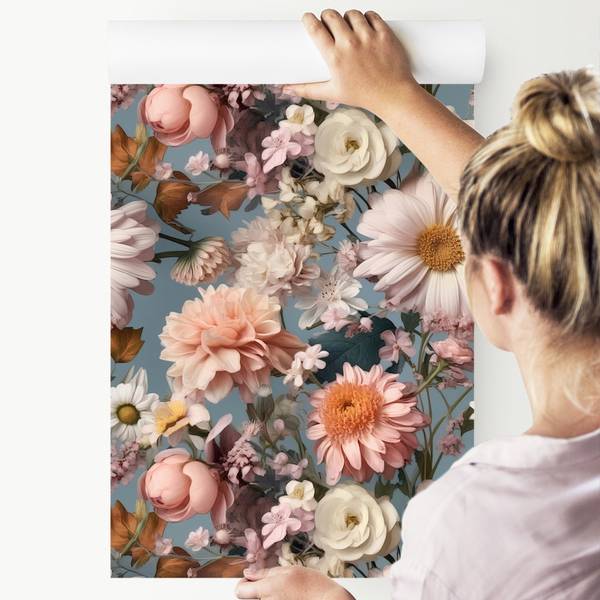Papier Peint Fleurs Feuilles Plantes Beige - Bleu - Vert - Rose foncé - Polaire - 53 x 1000 x 1000 cm