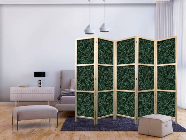 Paravent Blätter Botanik 5-tlg Schwarz - Grün - Holzwerkstoff - Textil - 225 x 172 x 3 cm