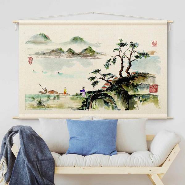 Wandteppich Zeichnung See und Berge 90 x 60 cm