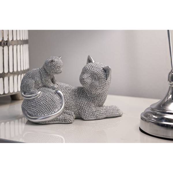 Skulptur Katzen 2 Silber - Kunstharz - Harz - 19 x 13 x 9 cm
