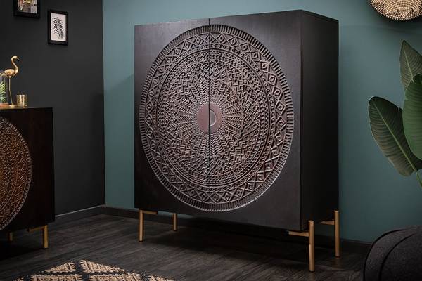 Highboard MANDALA Schwarz - Mango - 100 x 120 x 38 cm
