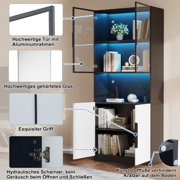 Vitrinekast Ourea Ⅲ wit - plaatmateriaal op houtbasis - glas - metaal - 30 x 200 x 80 cm
