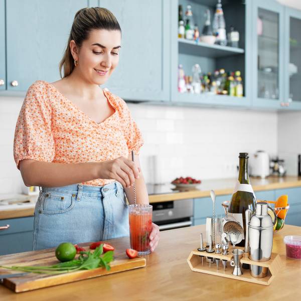 Kit de 16 pièces pour cocktails Marron - Argenté - Bambou - Métal - 32 x 26 x 11 cm