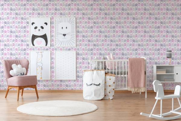 Kinderzimmertapete Bärchen Pink Grau Grau - Rosé - Weiß