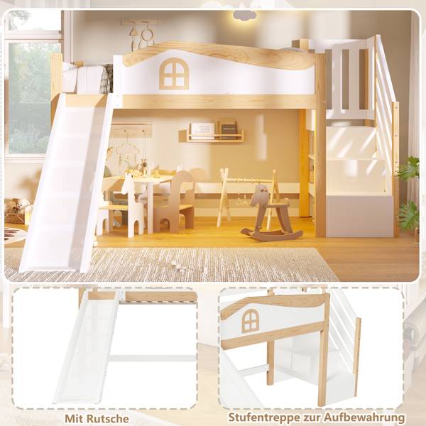 Halbhohes Bett Oneiros Ⅳ Braun - Weiß - Holzwerkstoff - Massivholz - 236 x 135 x 253 cm