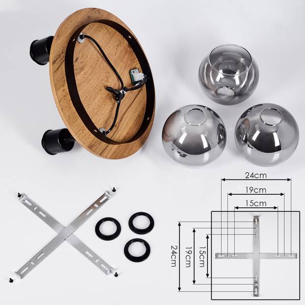 Deckenleuchte Canove Schwarz - Braun - Glas Grau - Holz - 38 x 22 x 38 cm