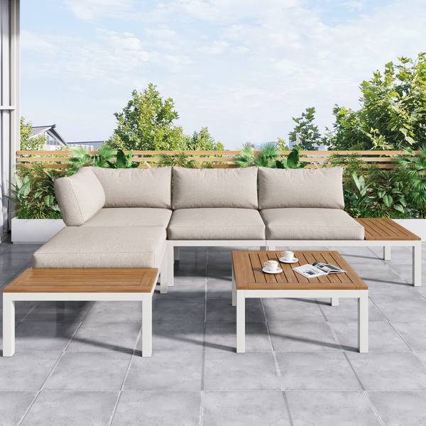 Gartenlounge-Set WoodyMetal Ⅳ+ Beige - Metall - Kunststoff - Massivholz - 60 x 66 x 145 cm