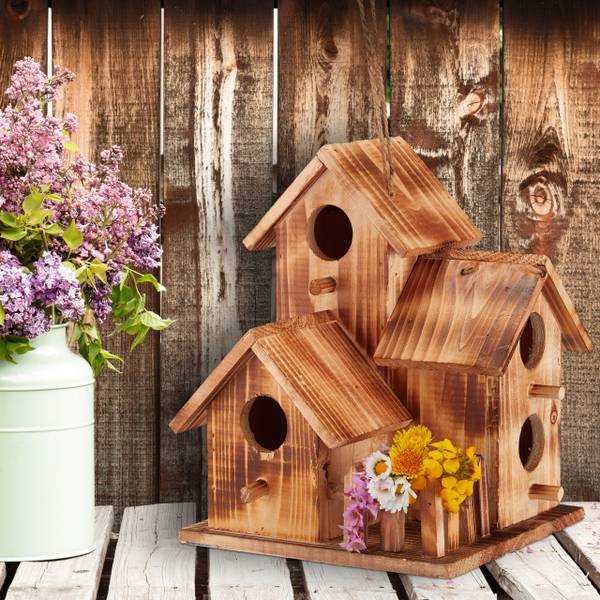 Vogelhaus mit 3 Häusern Braun - Holzwerkstoff - 20 x 34 x 19 cm
