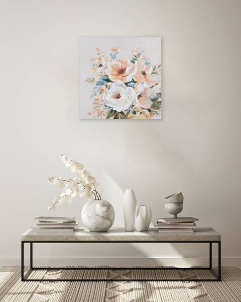 Tableau peint à la main Vœux fleuris Gris - Coton - 60 x 60 x 4 cm