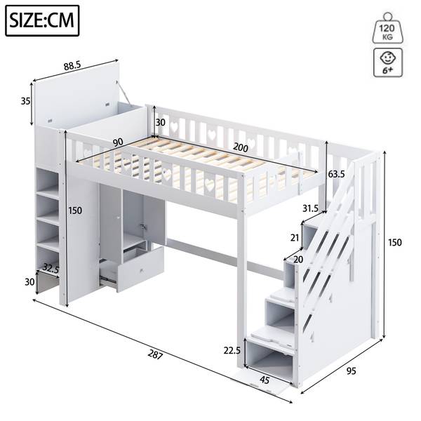 Hochbett BB5890 Weiß - Massivholz - 95 x 150 x 287 cm