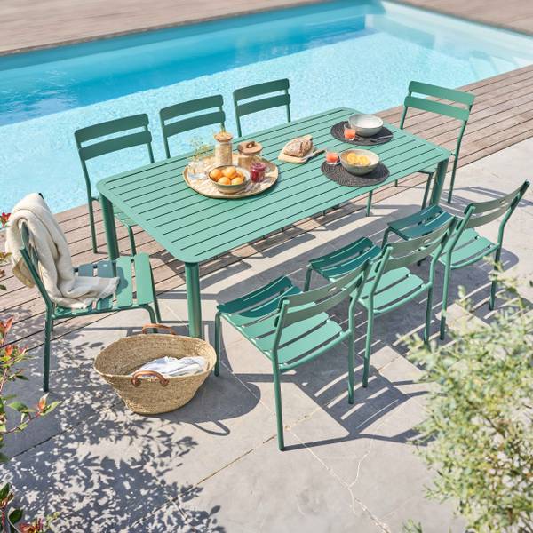 Terrassentisch und 8 Stühle Almada Grün - Metall - 92 x 75 x 185 cm