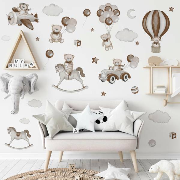 29‑er Set Aufkleber Bären Ballons Wolken Beige - Braun - Grau - PVC - 120 x 60 x 60 cm