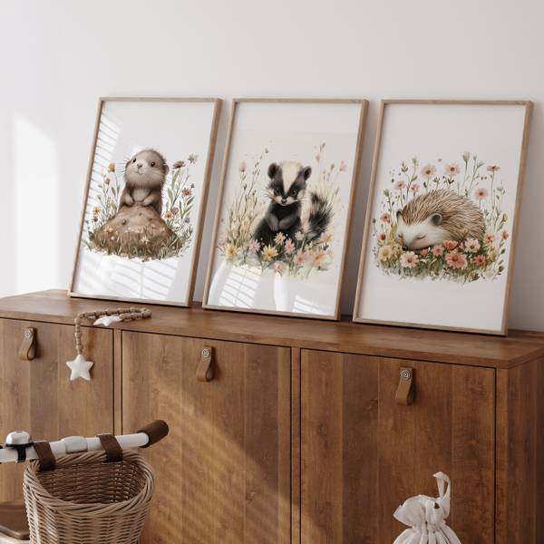 Poster Waldtiere mit Blumen 3er Set 21 x 30 x 30 cm