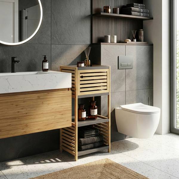 Badregal Kydesby Beige - Grau - Bambus - Holzwerkstoff - 39 x 83 x 30 cm