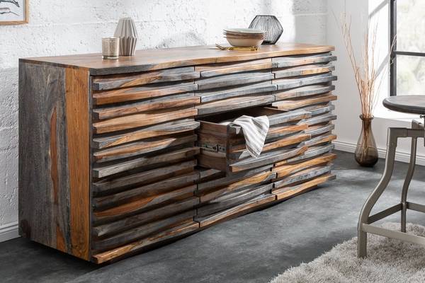 Sideboard RELIEF Braun - Grau - Sheesham - 160 x 75 x 45 cm