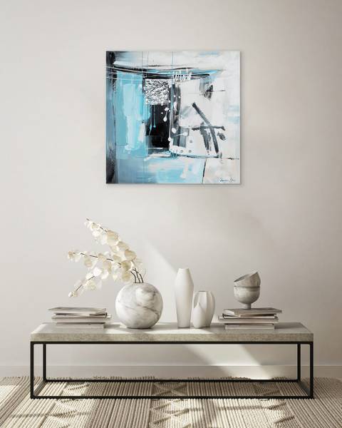 Tableau peint à la main Abstrait Vero Gris - Turquoise - Coton - 80 x 80 x 4 cm