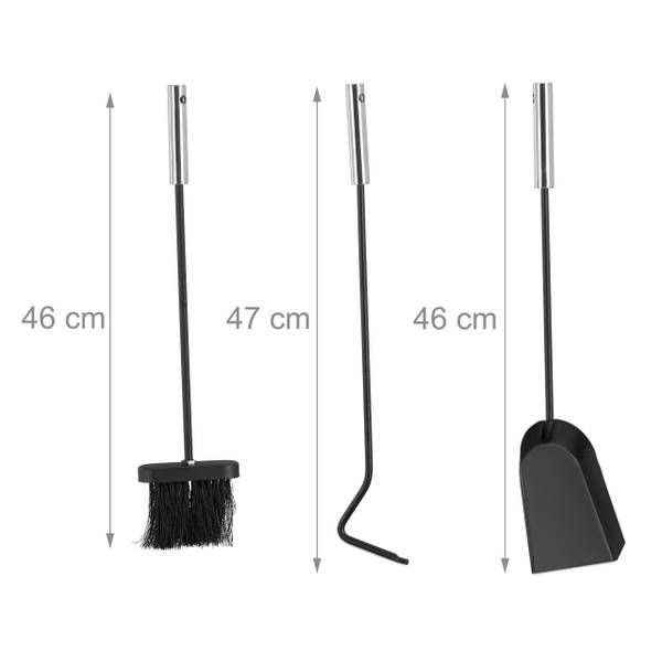 Kaminbesteck modern 4-teilig mit Ständer Schwarz - Silber - Stahl - 15 x 57 x 15 cm