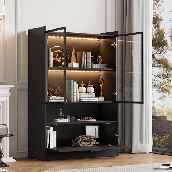 Vitrine Ourea Ⅰ Noir - Bois manufacturé - Verre - 35 x 120 x 80 cm