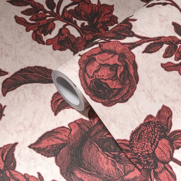 Romantische Blumentapete Rosen Rot Rosé Schwarz - Rot - Rosé
