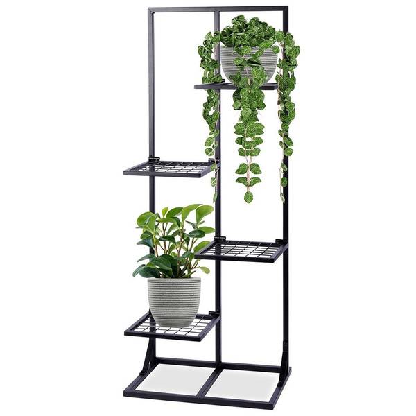 2x 4-stöckiger Pflanzenständer Aus Metall – 150x50x30 Cm, Schwarz Mit Holzplatten, Für Innenräume