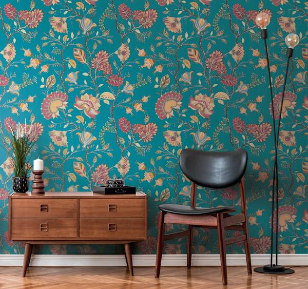Vliestapete Folk Garden Blau - Multicolor - Rot