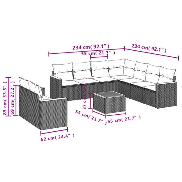 Garten-Lounge-Set 3035939-2 10-teilig Schwarz - Weiß - Polyrattan - 62 x 69 x 62 cm
