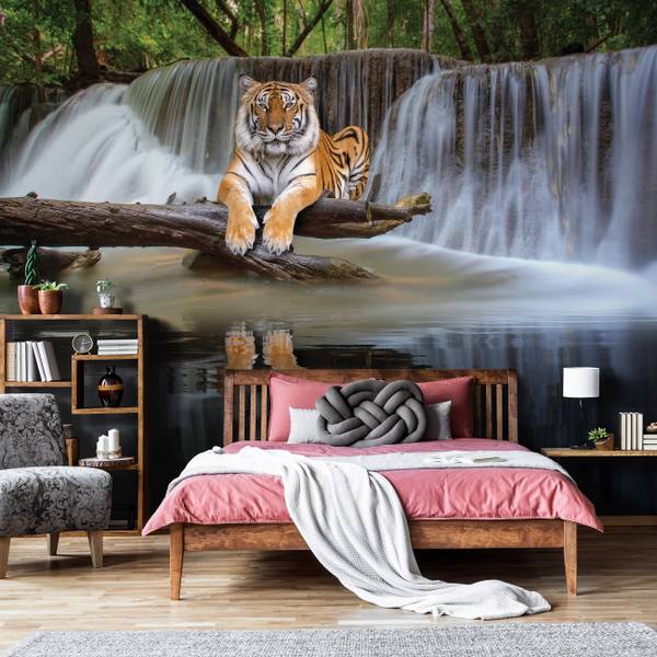 Vlies Fototapete Tiger Wasserfall Natur 312 x 219 cm - 130g Vlies