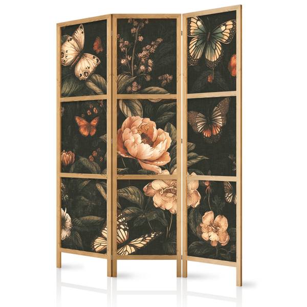Paravent Blumen Schmetterling 3-tlg Schwarz - Grün - Pink - Rot - Holzwerkstoff - Textil - 135 x 172 x 172 cm
