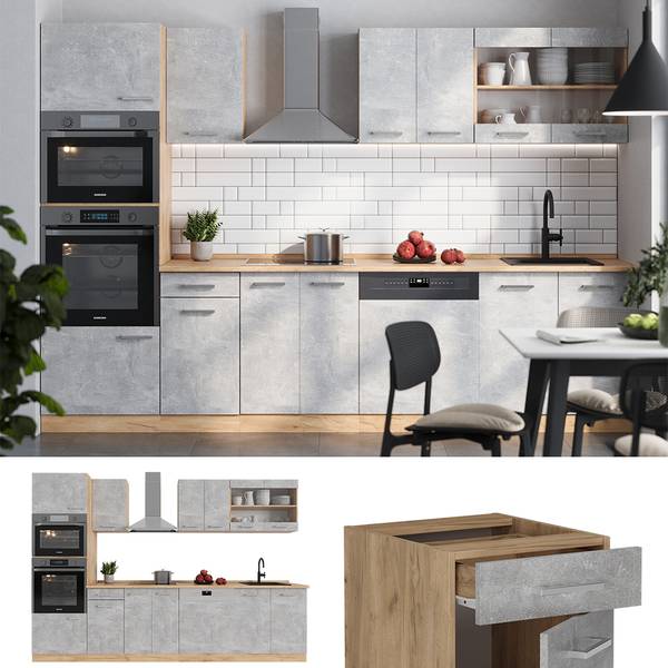 Complete keukeneenheid R-Line 53879 bruin - grijs - chroom - 300 x 207 x 60 cm