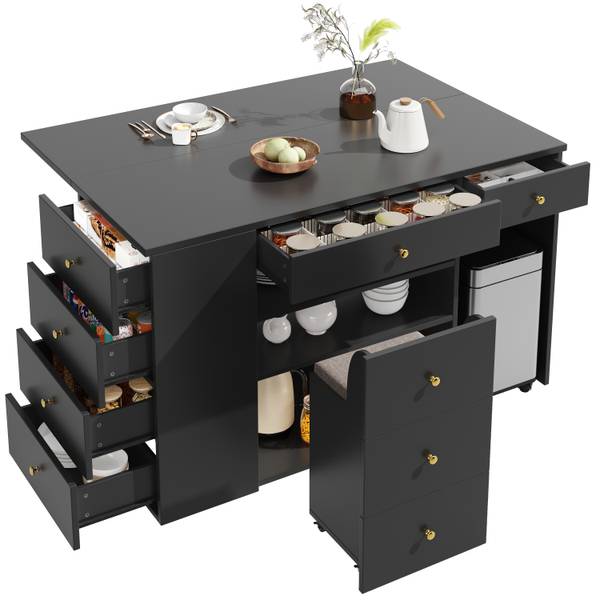 Kücheninsel mit Barhocker Thetis Ⅵ Schwarz - Holzwerkstoff - Metall - 70 x 91 x 140 cm