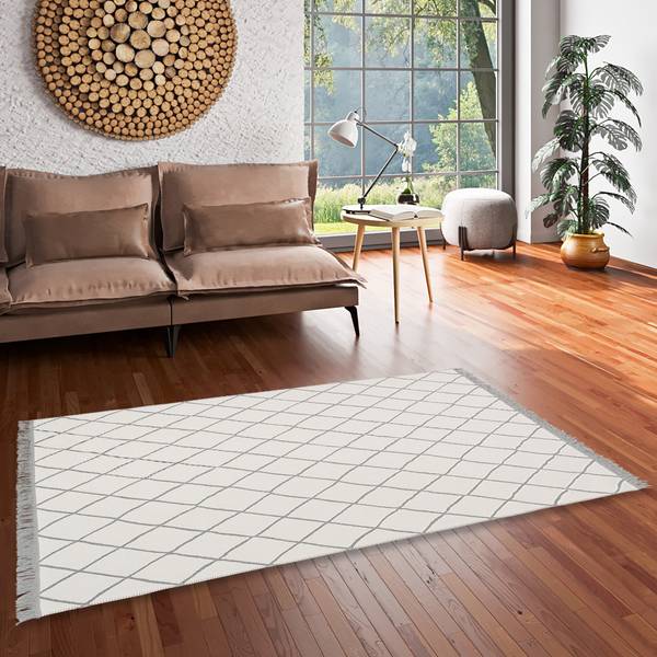 Teppich Beidseitig Ethno Kelim Rauten Grau - Weiß - Textil - 140 x 1 x 200 cm