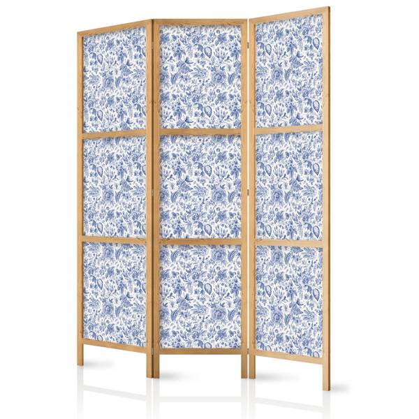 Paravent Büsche Blumen 3-tlg Blau - Weiß - Holzwerkstoff - Textil - 135 x 172 x 3 cm