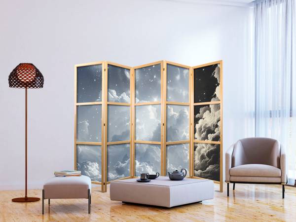 Paravent Wolken Sterne 5-tlg Blau - Grau - Weiß - Holzwerkstoff - Textil - 225 x 172 x 3 cm