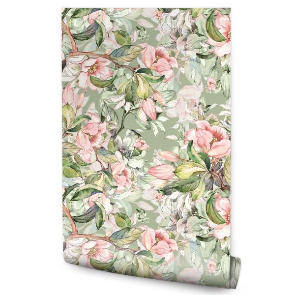 Tapete Frühling BLUMEN Blätter Natur Braun - Grau - Grün - Weiß - Fleece - 53 x 1000 x 1000 cm