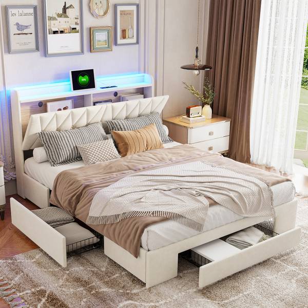 Doppelbett Stauraum TSGHP59 Beige - Metall - Massivholz - 217 x 108 x 165 cm