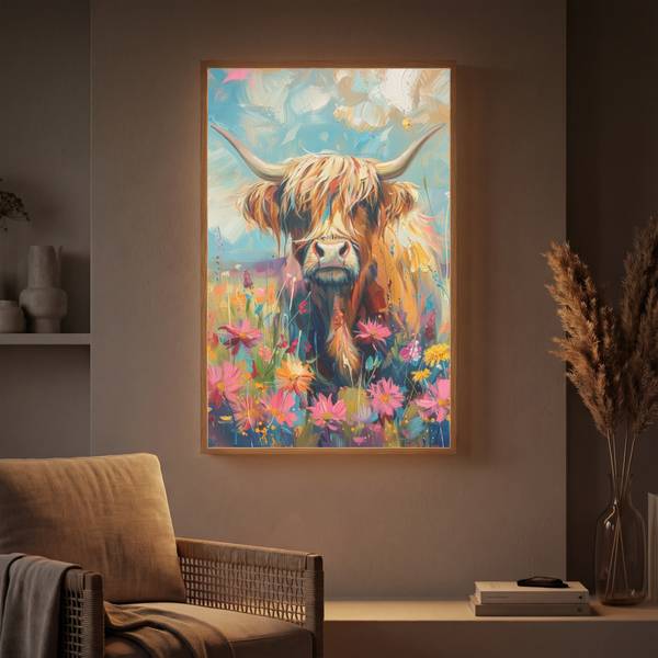WANDLEUCHTE MIT AKKU Hochlandrind 60 x 90 cm