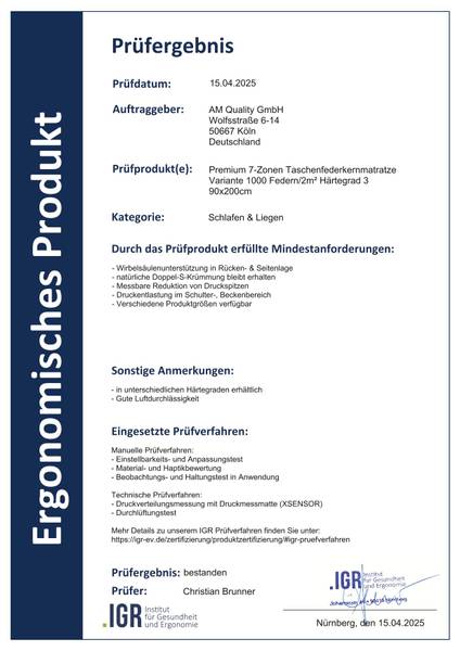 Taschenfederkernmatratze 1000 Federn 140 x 200 cm - H3
