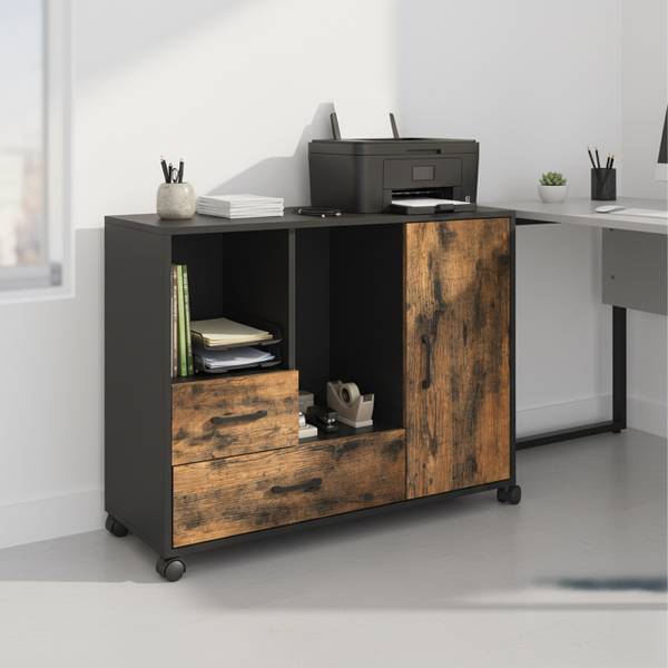 Rollcontainer 2 Schubladen & 4 Fächer Schwarz - Braun - Eisen - 90 x 70 x 35 cm