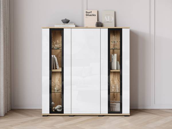 Highboard Caro mit Beleuchtung Glas Weiß - Eiche