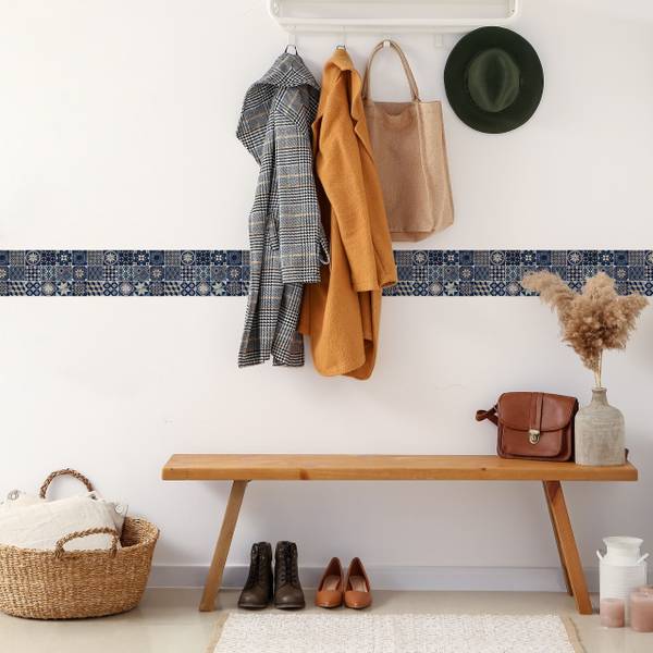 Behangrand Portugese MOZAIEK Oranementen beige - zwart - blauw - vlies - 10 x 300 x 300 cm