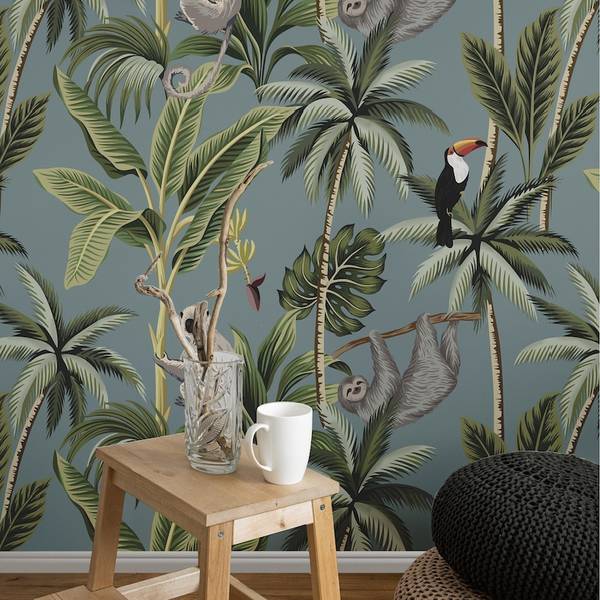 Papier Peint Jungle Tropicale Gris Gris - Papier - 1 x 200 x 200 cm