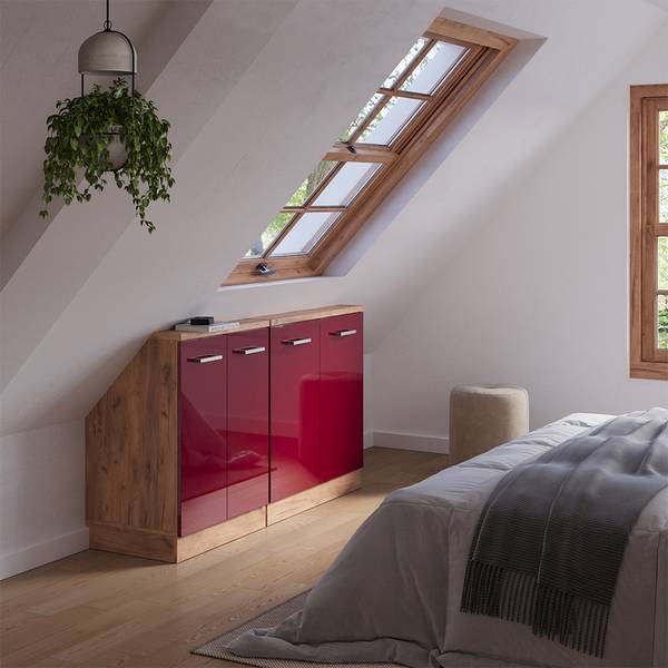 Kastenset voor schuine wand Rion 56006 hoogglans rood - eikenhouten look - Breedte: 140 cm