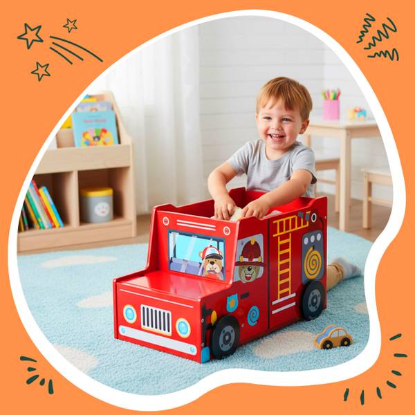 Coffre à jouets «Pompiers» Bleu - Rouge - Jaune - Bois manufacturé - 60 x 34 x 32 cm