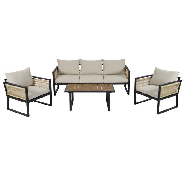 Lounge jardin 4-pce Rhea Ⅴ Beige - Noir - Polyester - Tissu - Acier - Bois composite - 67 x 63 x 182 cm