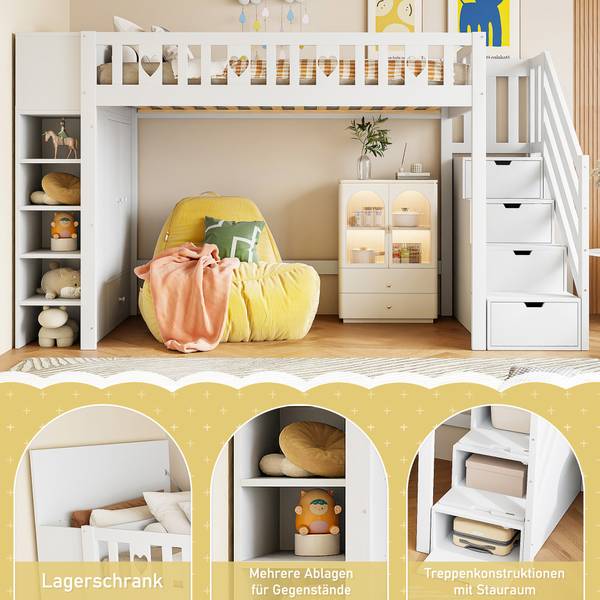 Hochbett BB5890 Weiß - Massivholz - 95 x 150 x 287 cm