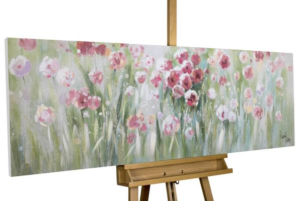 Acrylbild Handgemalt Blüten Zex Grün - Pink - Baumwollstoff - 150 x 50 x 4 cm