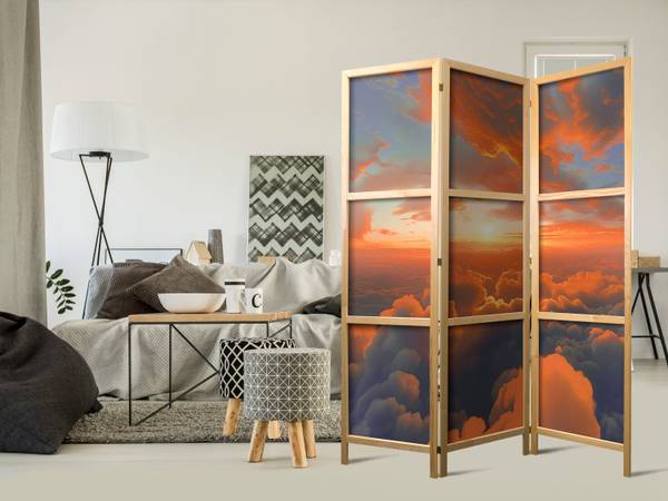 Paravent Wolken Sonnenuntergang  3-tlg Blau - Orange - Weiß - Gelb - Holzwerkstoff - Textil - 135 x 172 x 3 cm